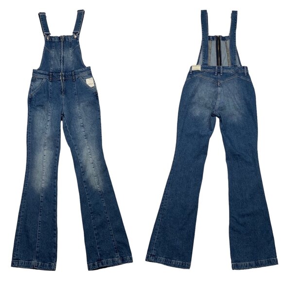 Free People We The Free Camilla Denim Overalls XS Rolling River Bell Bottoms - Picture 1 of 12